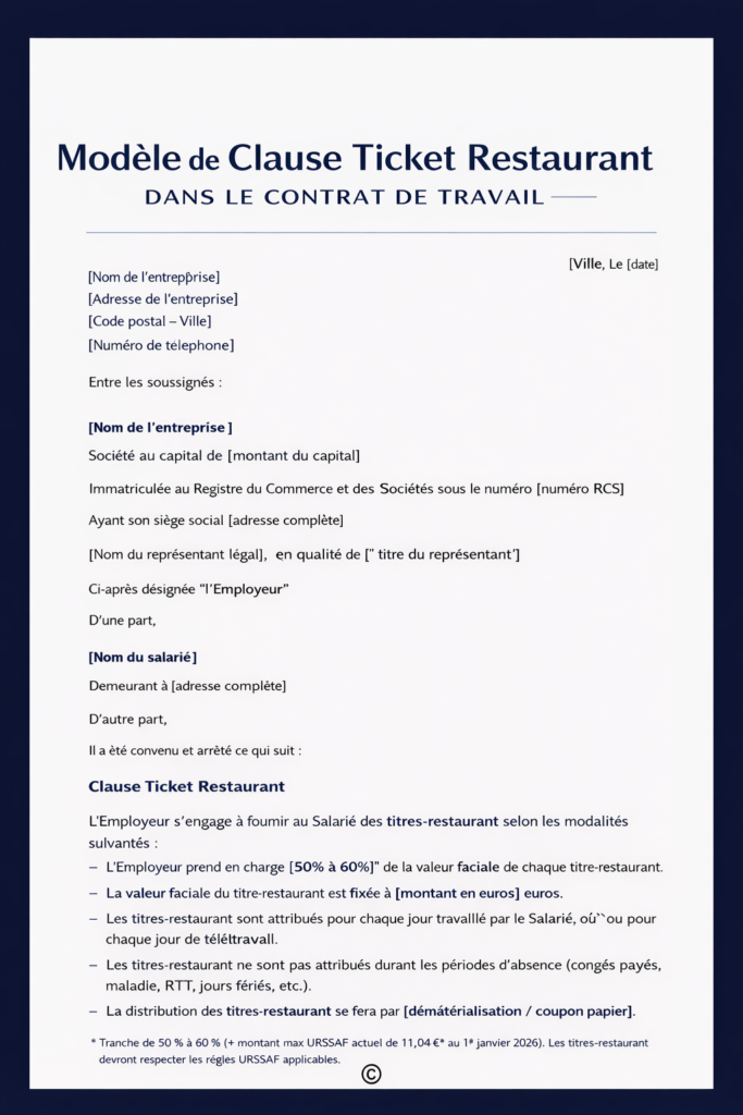 modèle clause ticket restaurant dans le contrat de travail modèle clause ticket restaurant dans le contrat de travail